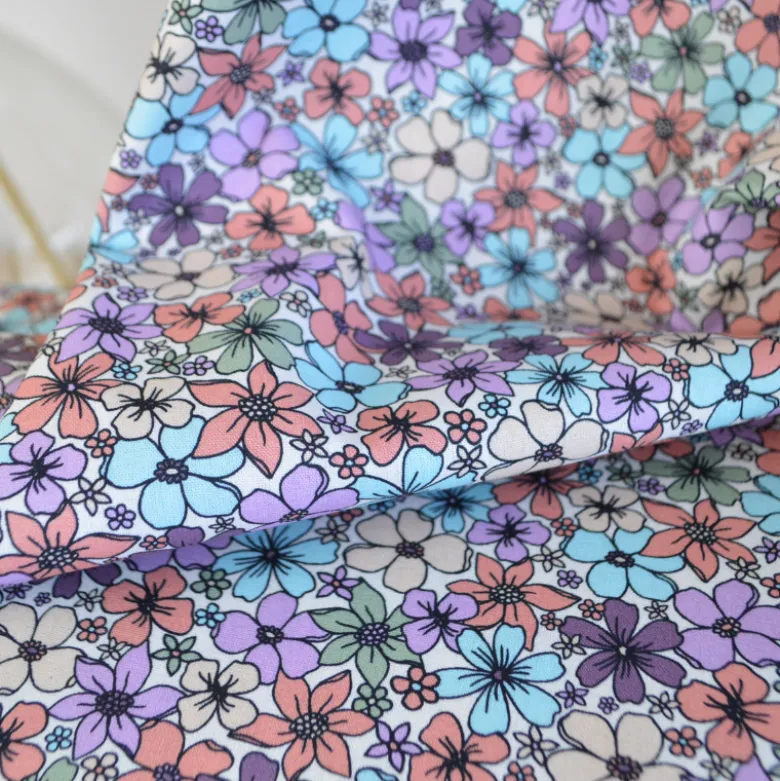 Tissu popeline coton fleurs parme, menthe et corail - OEKO TEX