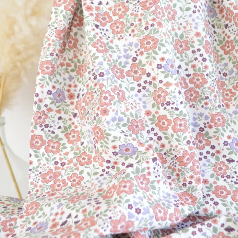 Tissu popeline coton Léontine fleurs parme, menthe et corail - OEKO TEX