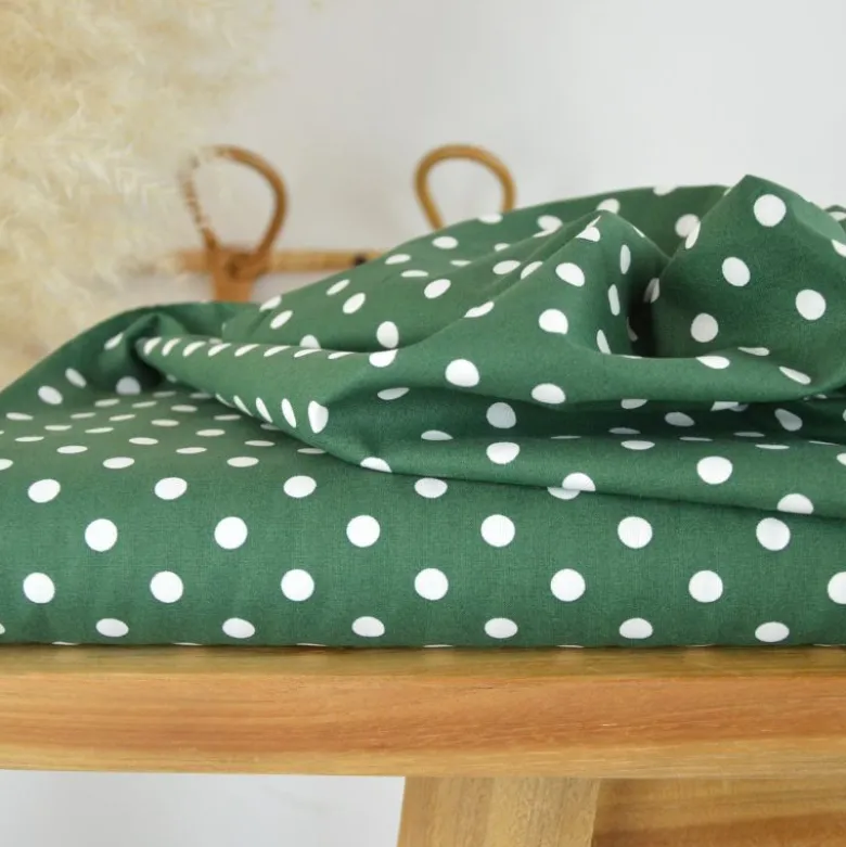 Tissu popeline coton motif Pois blancs fond vert Sapin - OEKO TEX