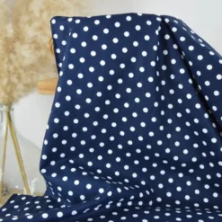 Tissu popeline coton motif Pois blancs fond bleu marine - OEKO TEX