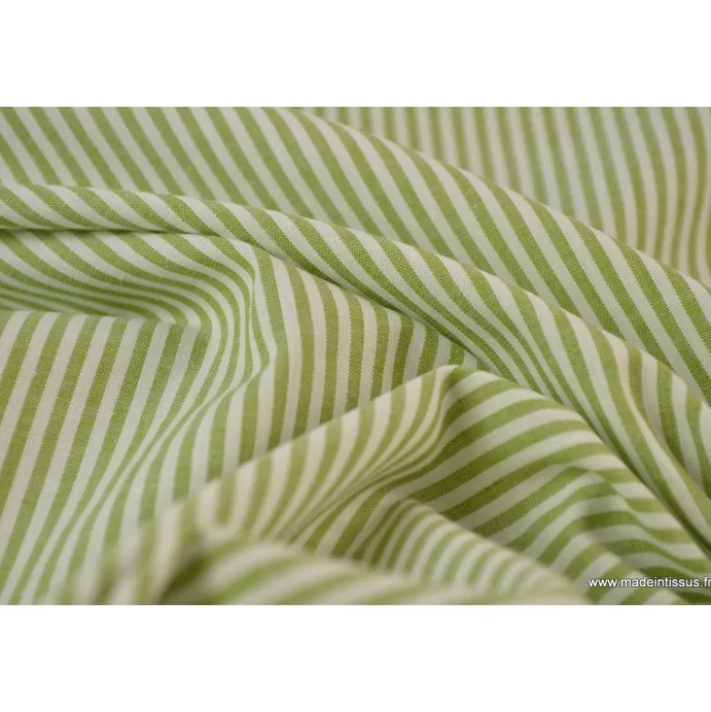 Tissu Popeline coton rayures Fenouil et blanches tissé teint