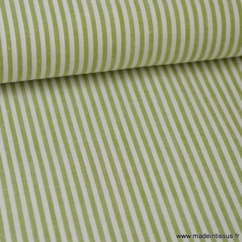 Tissu Popeline coton rayures Fenouil et blanches tissé teint