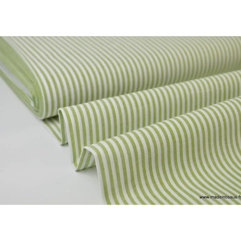 Tissu Popeline coton rayures Fenouil et blanches tissé teint