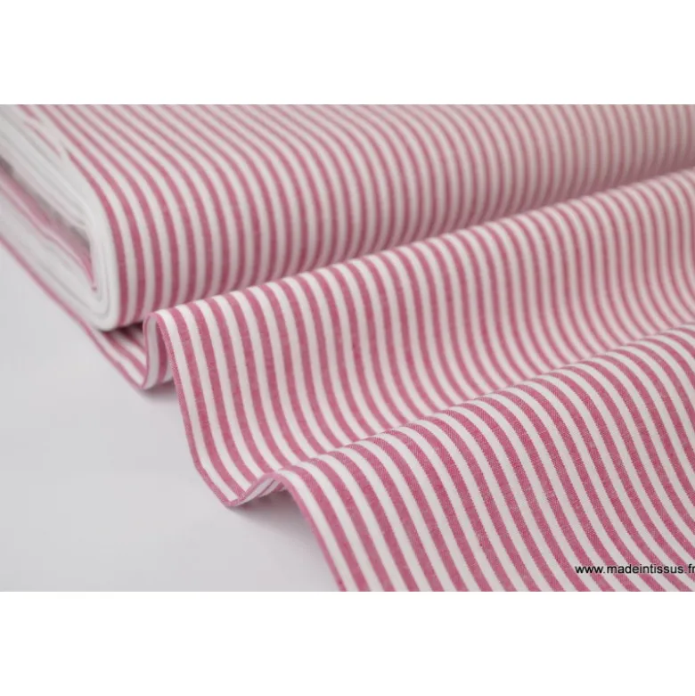 Tissu Popeline coton rayures cerise et blanc tissé teint