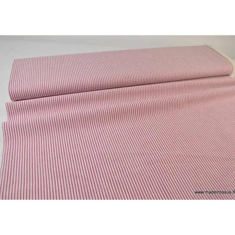 Tissu Popeline coton rayures cerise et blanc tissé teint