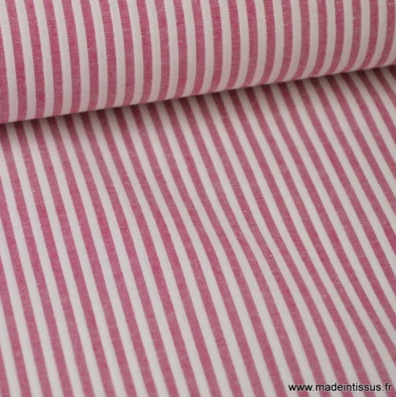 Tissu Popeline coton rayures cerise et blanc tissé teint
