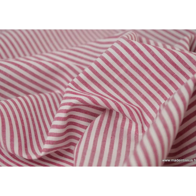 Tissu Popeline coton rayures cerise et blanc tissé teint