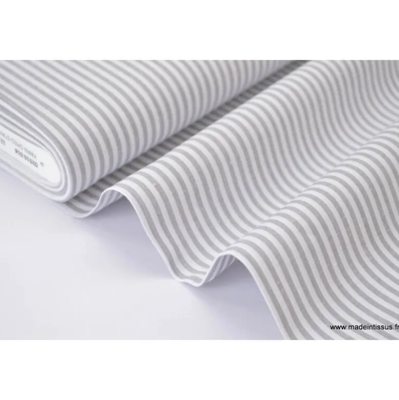 Tissu popeline coton rayures grises et blanches tissé teint - OEKO TEX
