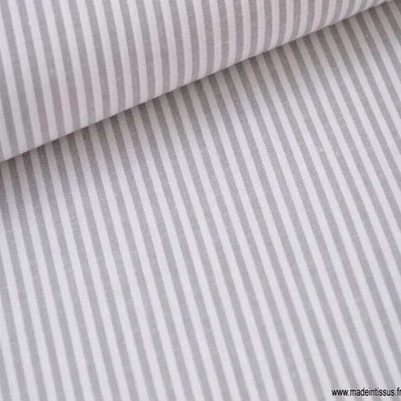 Tissu popeline coton rayures grises et blanches tissé teint - OEKO TEX