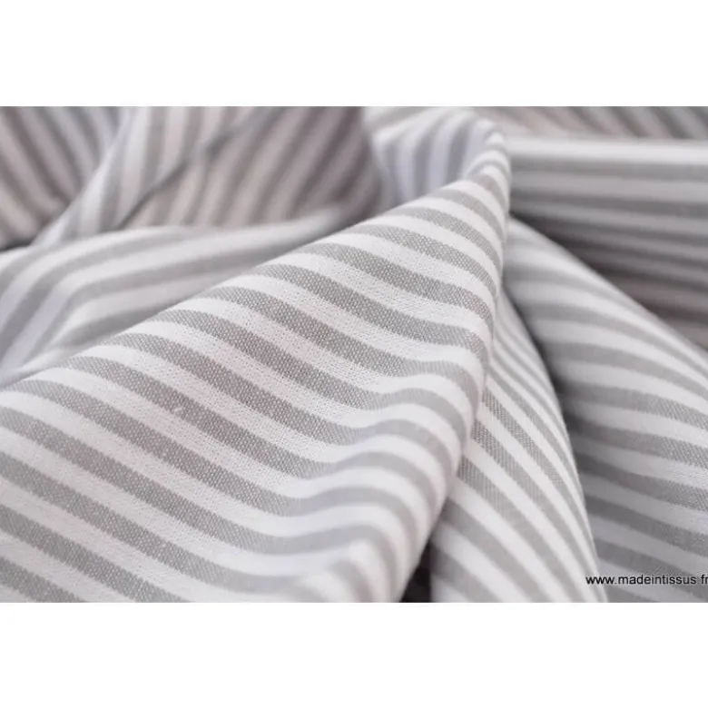 Tissu popeline coton rayures grises et blanches tissé teint - OEKO TEX