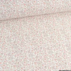 Tissu Popeline de Coton Bio – Fleurs Roses & Beige – Oeko-Tex