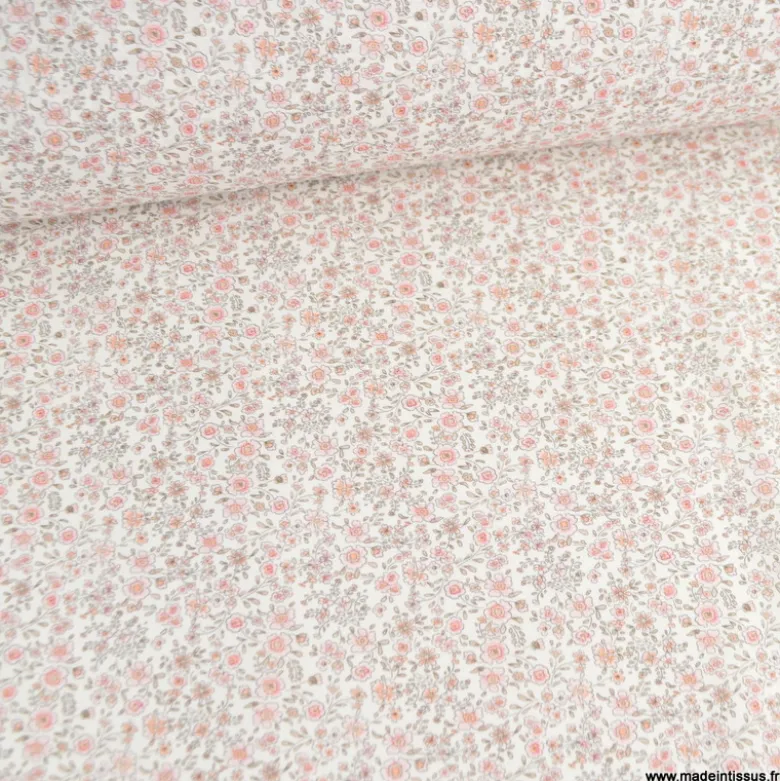 Tissu Popeline de Coton Bio – Fleurs Roses & Beige – Oeko-Tex