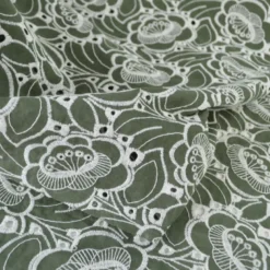 Tissu popeline de coton brodé fleurs Laurentine - Vert kaki