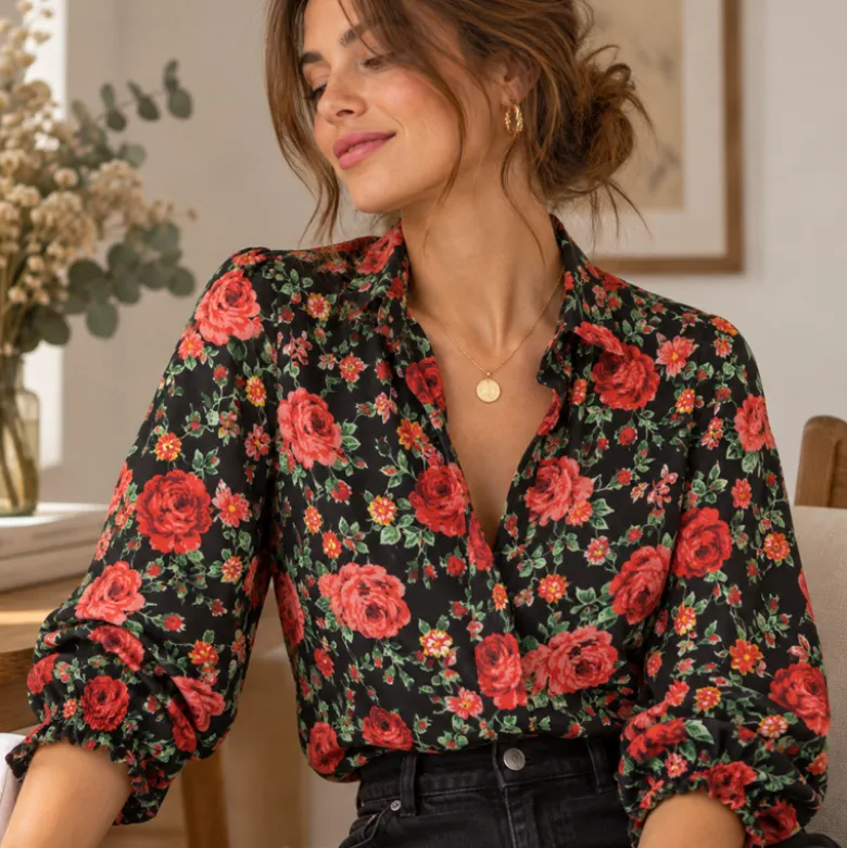Tissu popeline de coton Campesina motif roses rouges fond noir