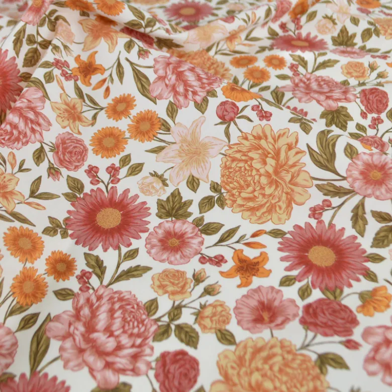 Tissu Popeline de coton Elisabeth motif fleurs rose et abricot - OEKO TEX