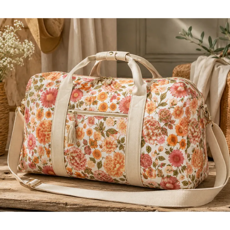 Tissu Popeline de coton Elisabeth motif fleurs rose et abricot - OEKO TEX