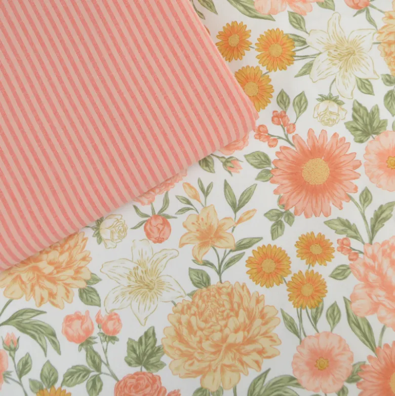Tissu Popeline de coton Elisabeth motif fleurs rose et vert - OEKO TEX