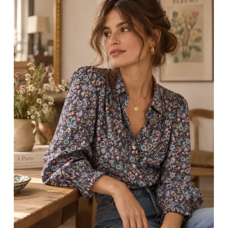 Tissu popeline de coton Field – Petites fleurs fond aubergine