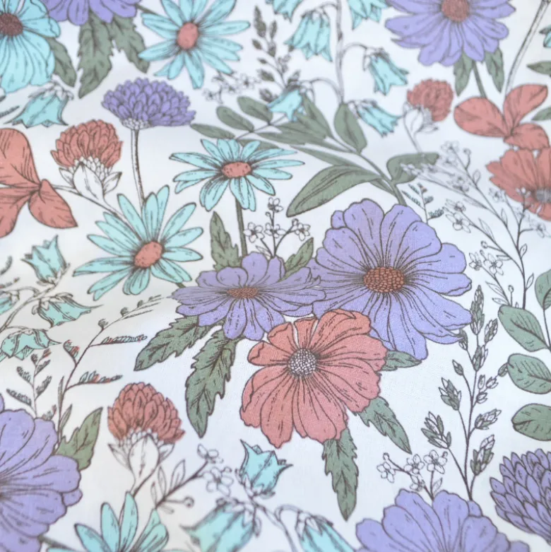 Tissu Popeline de coton fleurs parme et menthe - OEKO TEX