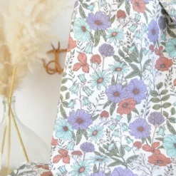 Tissu Popeline de coton fleurs parme et menthe - OEKO TEX