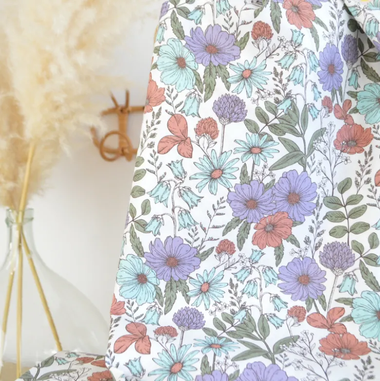 Tissu Popeline de coton fleurs parme et menthe - OEKO TEX