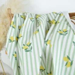 Tissu Popeline de coton Limoncello motif citrons et rayures amande - OEKO TEX