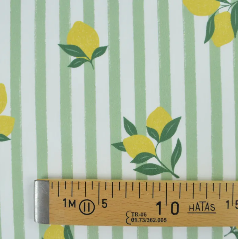 Tissu Popeline de coton Limoncello motif citrons et rayures amande - OEKO TEX