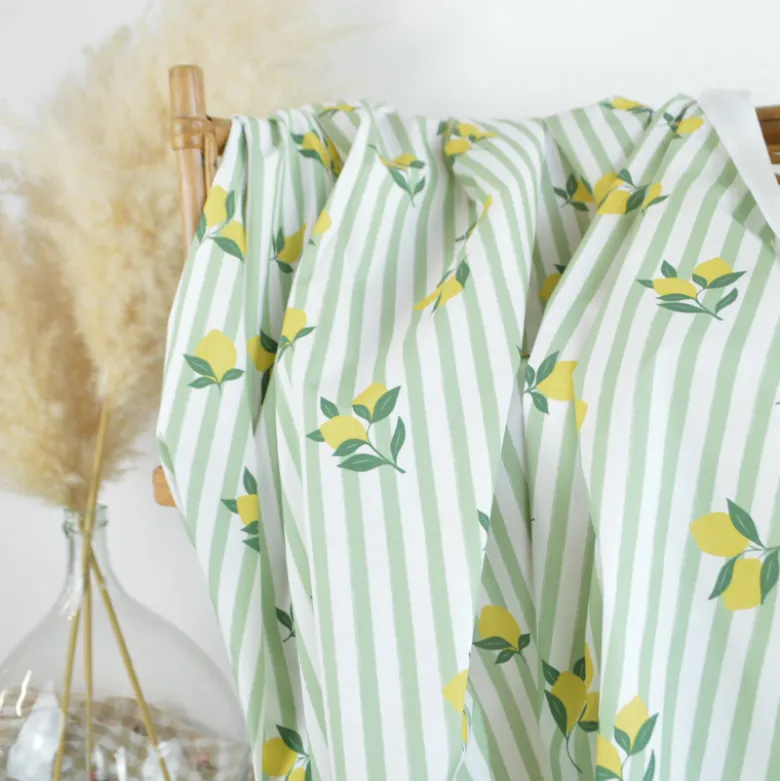 Tissu Popeline de coton Limoncello motif citrons et rayures amande - OEKO TEX