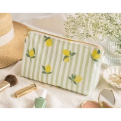 Tissu Popeline de coton Limoncello motif citrons et rayures amande - OEKO TEX