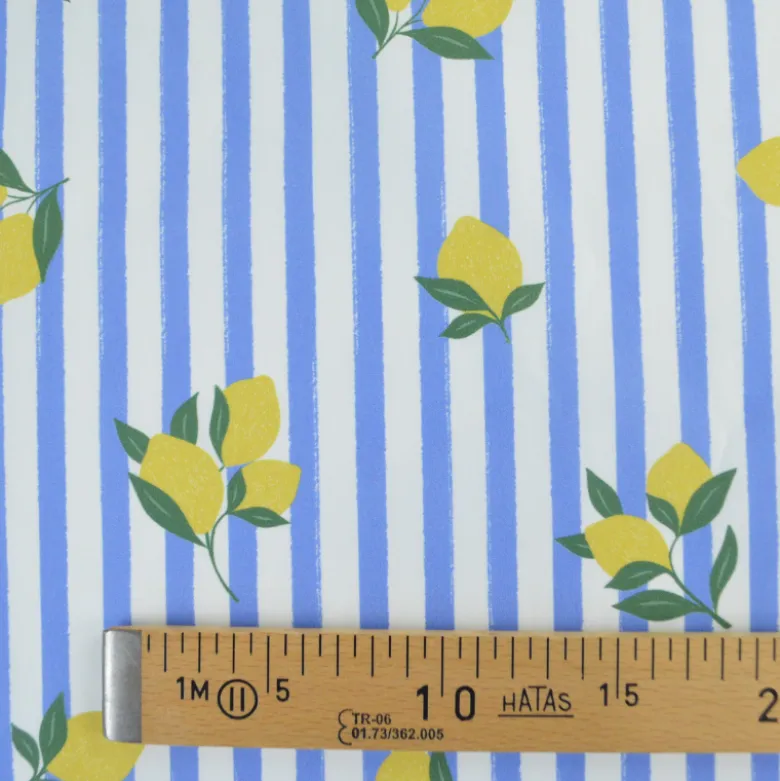 Tissu Popeline de coton Limoncello motif citrons et rayures bleues - OEKO TEX