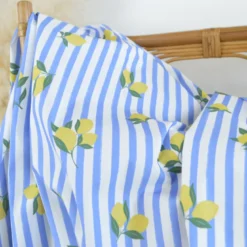 Tissu Popeline de coton Limoncello motif citrons et rayures bleues - OEKO TEX
