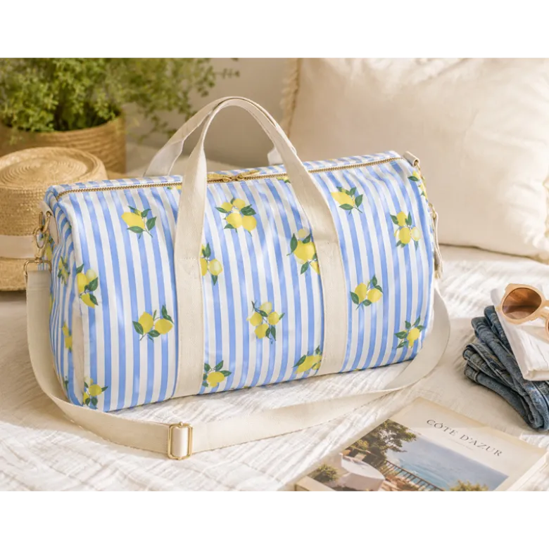 Tissu Popeline de coton Limoncello motif citrons et rayures bleues - OEKO TEX