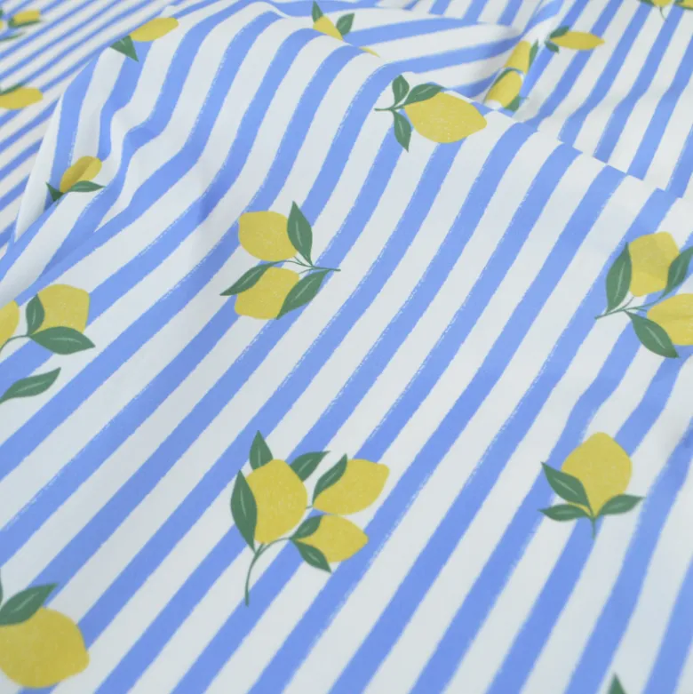Tissu Popeline de coton Limoncello motif citrons et rayures bleues - OEKO TEX