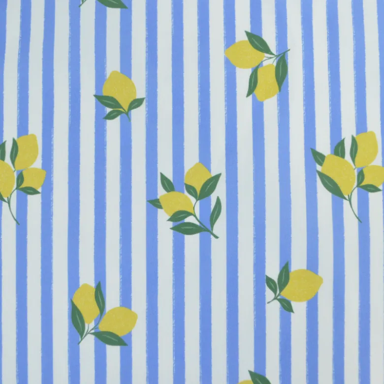 Tissu Popeline de coton Limoncello motif citrons et rayures bleues - OEKO TEX