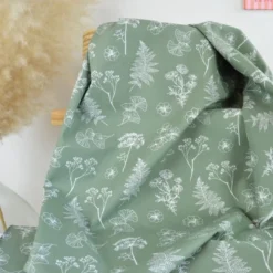 Tissu Popeline de coton motif Herbier fond vert olive - OEKO TEX