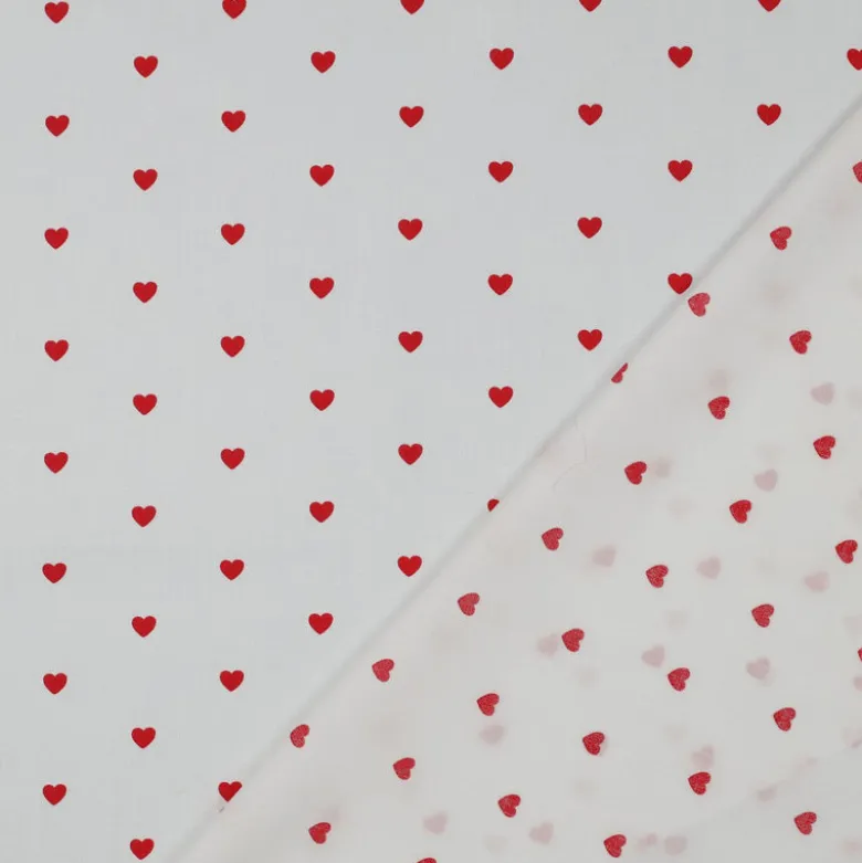 Tissu popeline de coton motif coeurs rouges fond blanc - OEKO TEX