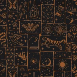 Tissu popeline de coton Poppy – motif ésotérique Solena – fond Noir