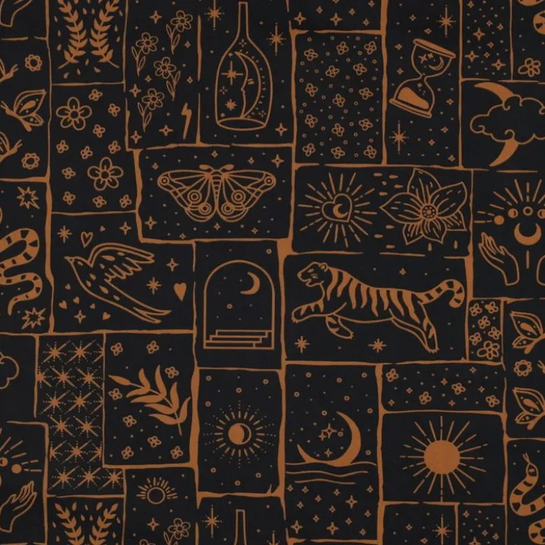 Tissu popeline de coton Poppy – motif ésotérique Solena – fond Noir