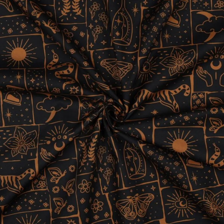 Tissu popeline de coton Poppy – motif ésotérique Solena – fond Noir