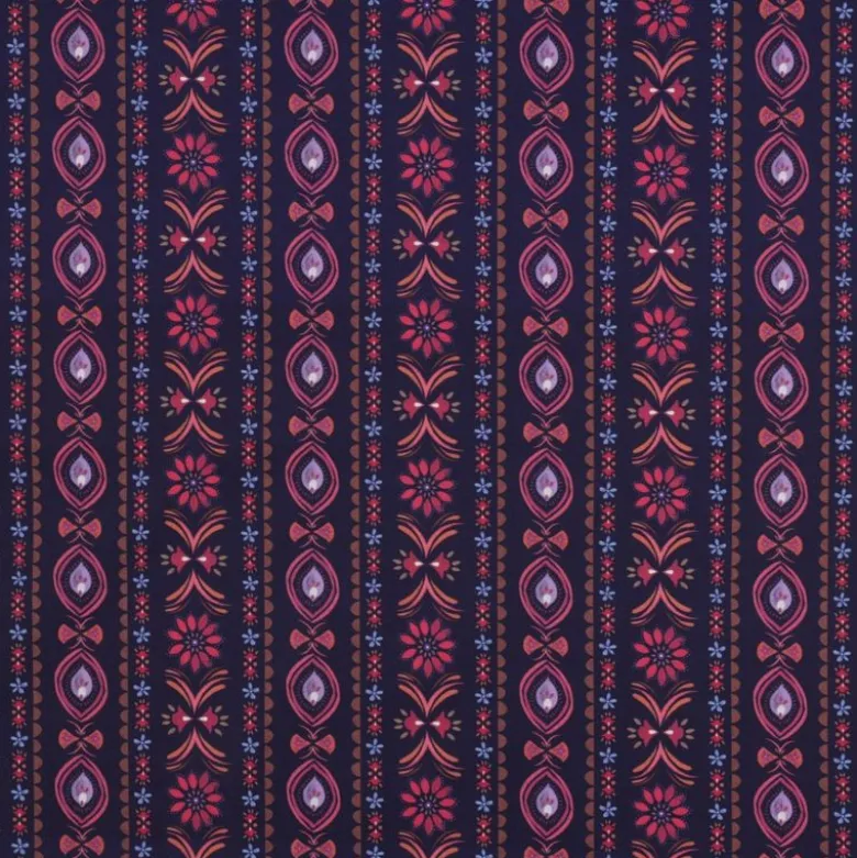 Tissu popeline de coton Poppy – motif rayures ethniques fond marine