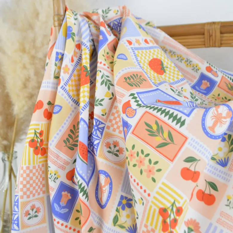 Tissu Popeline de coton Solea motif Patchwork jaune et bleu - OEKO TEX