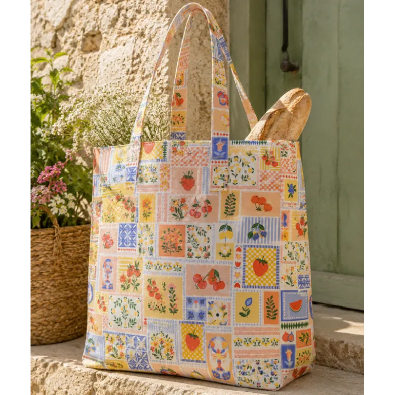 Tissu Popeline de coton Solea motif Patchwork jaune et bleu - OEKO TEX