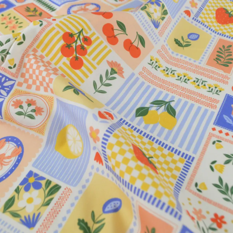 Tissu Popeline de coton Solea motif Patchwork jaune et bleu - OEKO TEX