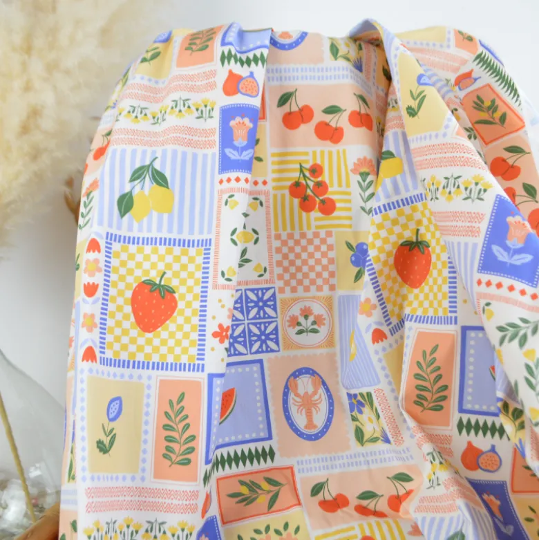 Tissu Popeline de coton Solea motif Patchwork jaune et bleu - OEKO TEX