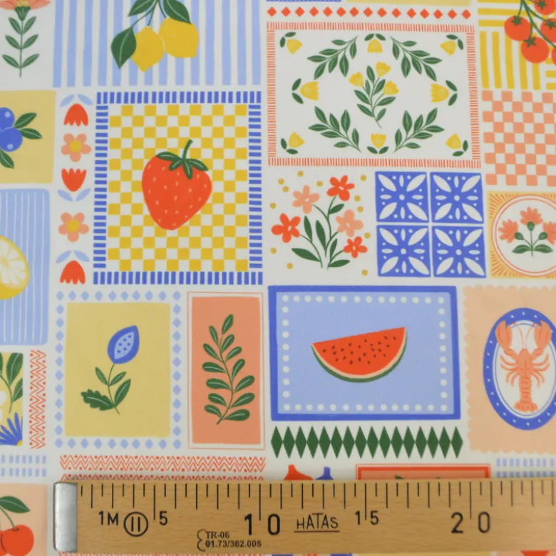 Tissu Popeline de coton Solea motif Patchwork jaune et bleu - OEKO TEX