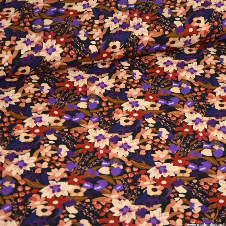Tissu popeline de viscose Aozy - motif fleurs violettes fond noir