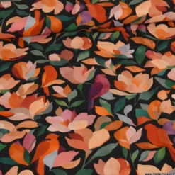Tissu popeline de viscose Calidris motif fleurs orange fond chocolat