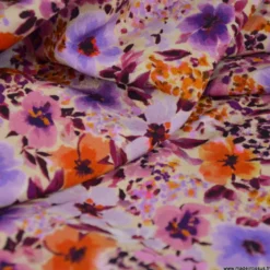 Tissu popeline de viscose Giada - motif fleurs violettes et oranges