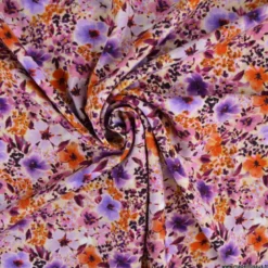Tissu popeline de viscose Giada - motif fleurs violettes et oranges