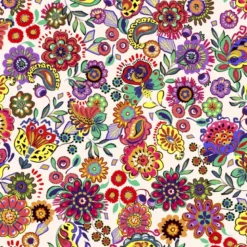 Tissu popeline de Viscose Gloria motif fleurs fond blanc